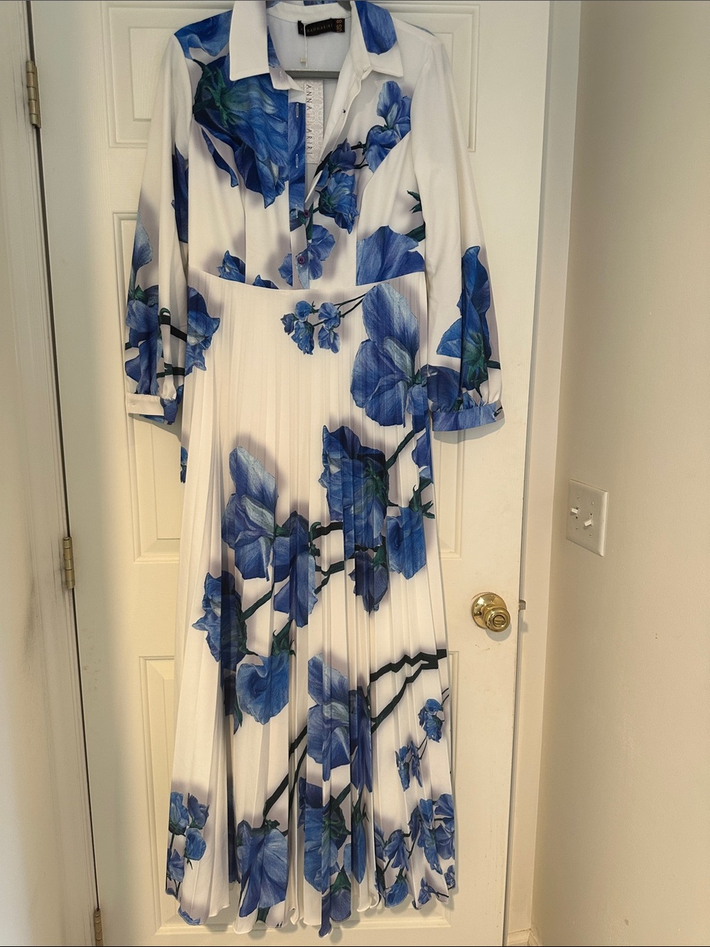 White Maxi Dress with Blue Floral Print by UNKNOWN